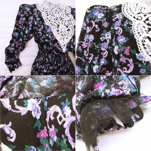 Vintage '87 Scott McClintock 2-pc Set Victorian Lace Blouse Skirt Dark Floral - Picture 7 of 12